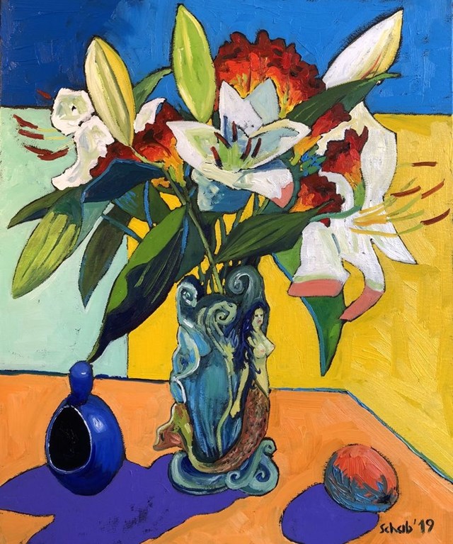 Obraz do salonu artysty David Schab pod tytułem Kwiaty w wazonie z syreną