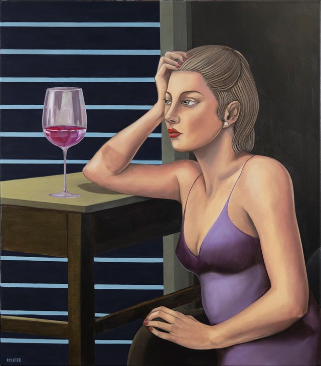 Living room painting by Paulina Rychter titled Portrait  with a glass of red wine