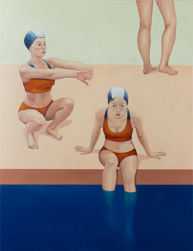 Living room painting by Paulina Rychter titled Coeducation: women's pool