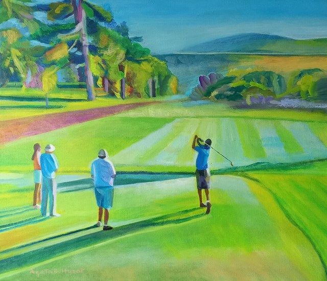 Living room painting by Agata Lis titled A beautiful day on the course