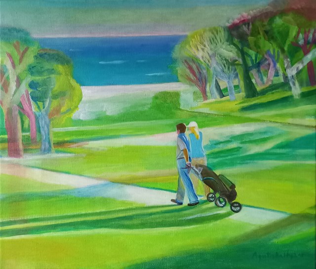 Living room painting by Agata Lis titled A Beautiful day on the course (3)
