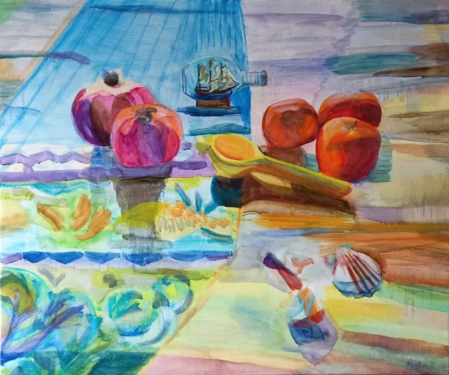 Living room painting by Agata Lis titled Still Life with a ship in a bottle and fruits