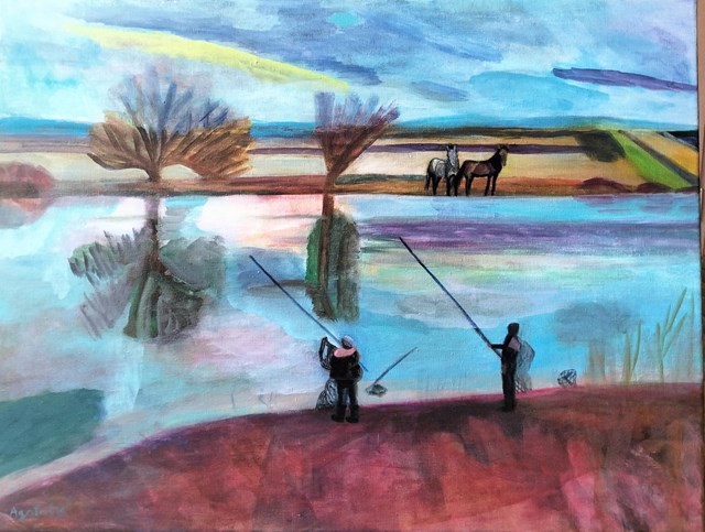 Living room painting by Agata Lis titled Fishermen on the river San 