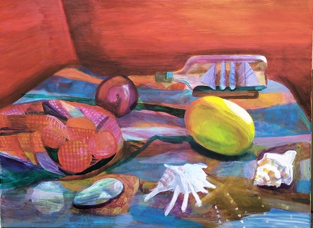 Living room painting by Agata Lis titled Still Life with shells and fruits 