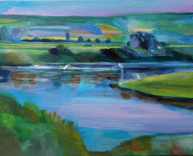 Living room painting by Agata Lis titled Herons, river and meadows 