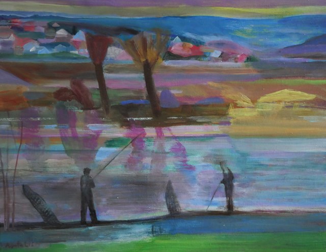 Living room painting by Agata Lis titled Fishermen on the river San 