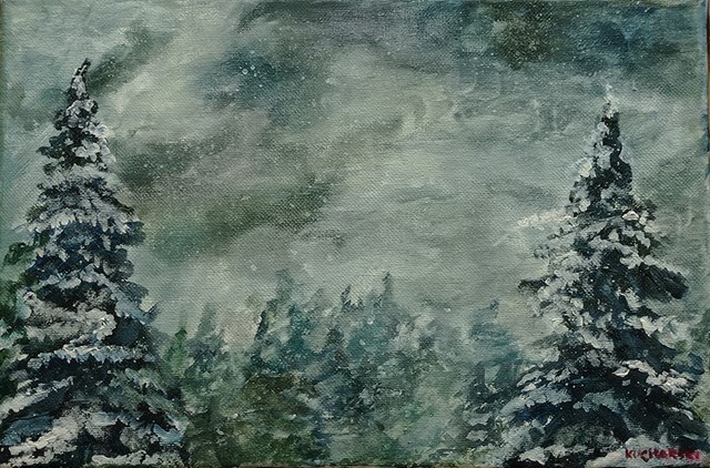 Living room painting by Michał Kucharski titled Winter pines