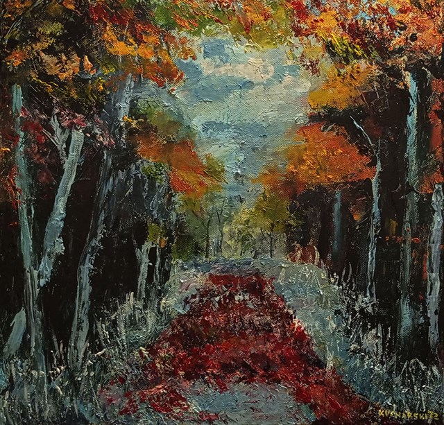Living room painting by Michał Kucharski titled Autumn road