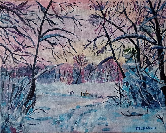 Living room painting by Michał Kucharski titled Winter landscape
