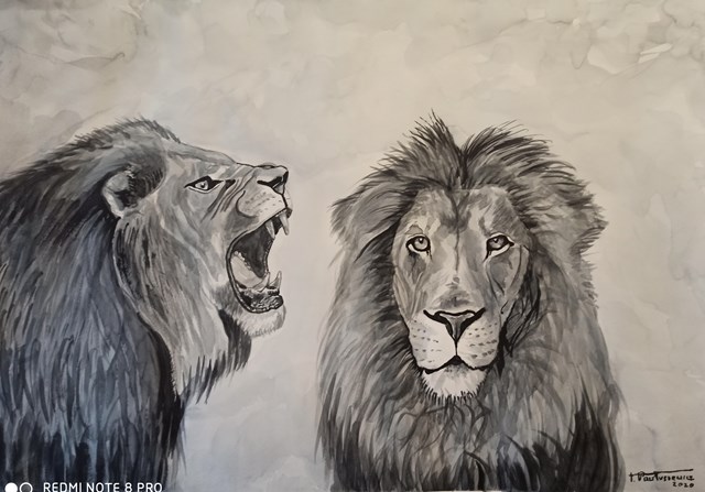 Living room painting by Tomasz Pawłusiewicz titled Lions