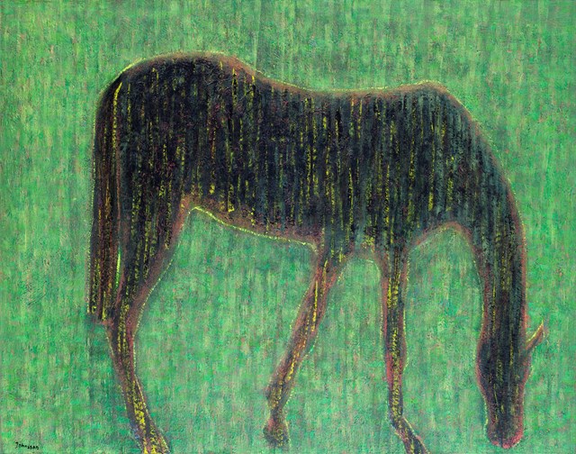 Living room painting by Jolanta Johnsson titled Black horse