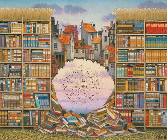 Living room painting by Jacek Yerka titled Digital Network