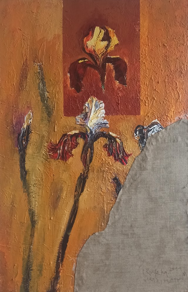 Living room painting by Izabela Rudzka titled Iris and Canvas