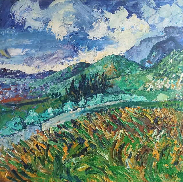 Living room painting by Izabela Rudzka titled My Van Gogh- Meadows and Mountains