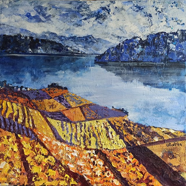 Living room painting by Izabela Rudzka titled Mountains and yellow earth