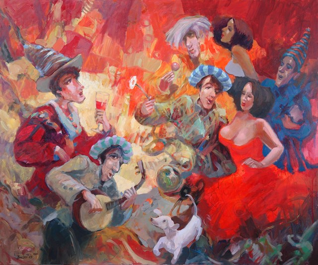 Obraz do salonu artysty Tomasz Bachanek pod tytułem Andy Warhol aktywizuje się na dekadenckich Bachanaliach