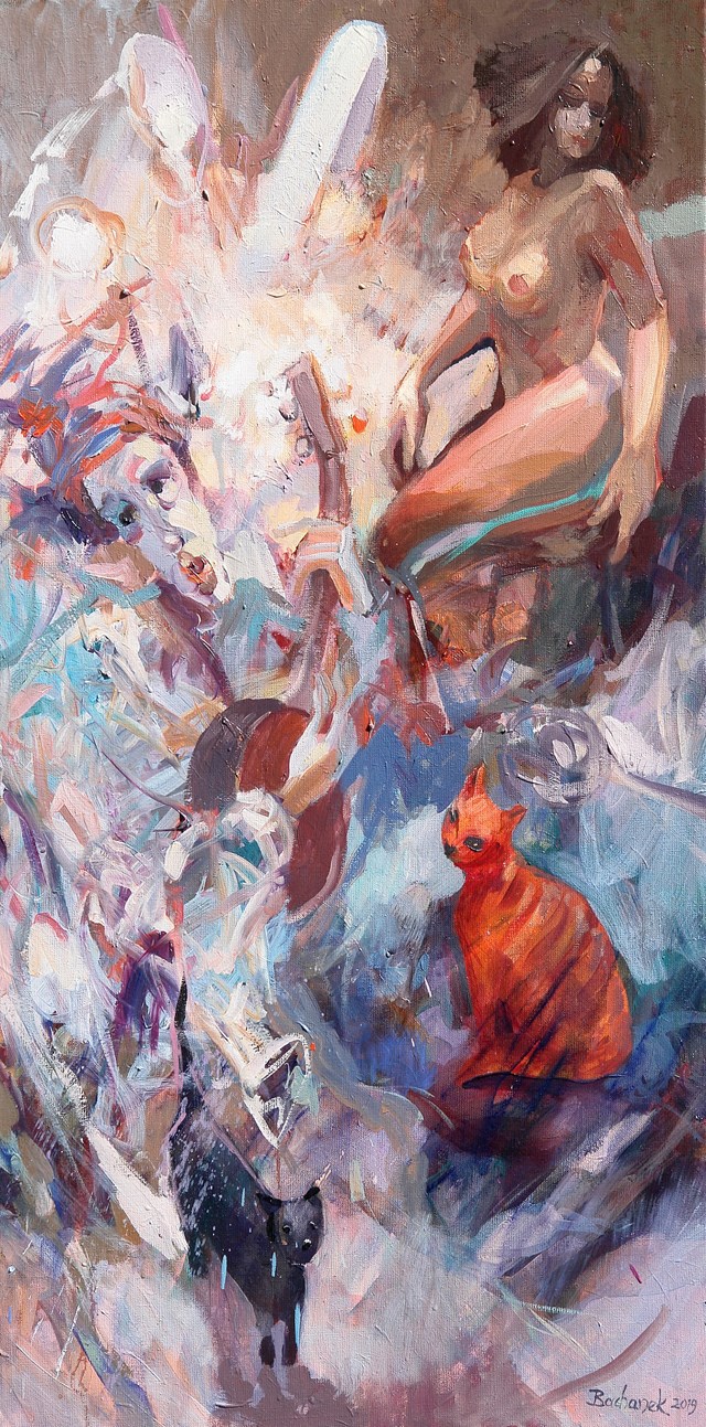 Obraz do salonu artysty Tomasz Bachanek pod tytułem Na górze róże na dole koty