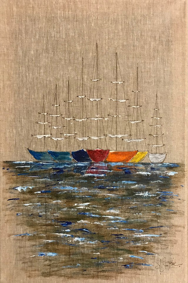 Living room painting by Małgorzata Gaffke titled Flauta Sailing ships