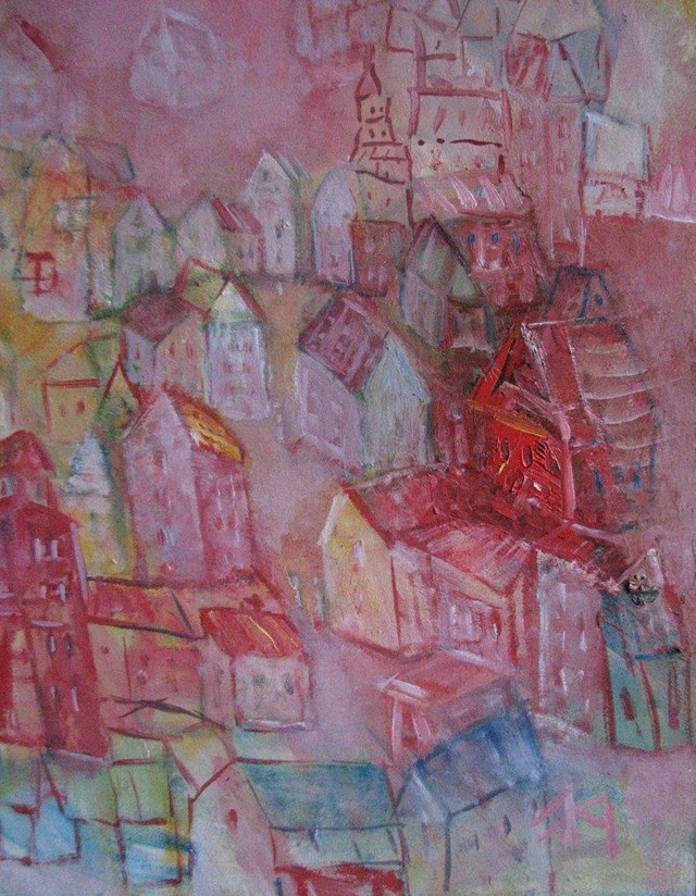 Living room painting by Kazimiera Myk-Magdziak titled Through pink glasses
