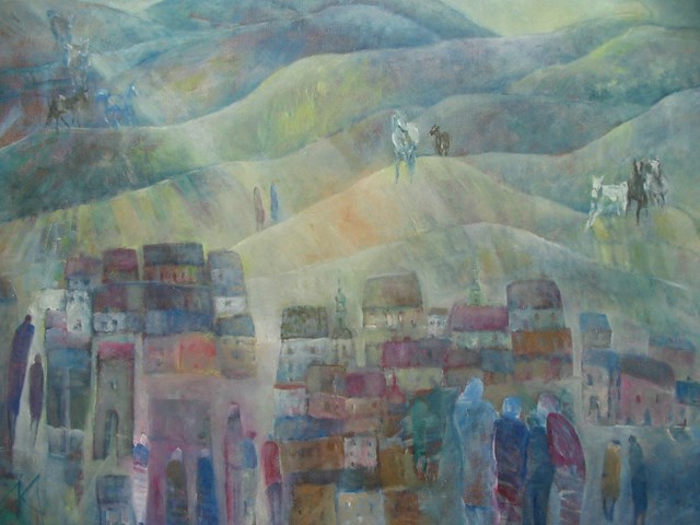 Living room painting by Kazimiera Myk-Magdziak titled Miracle, The journeys in paradise.