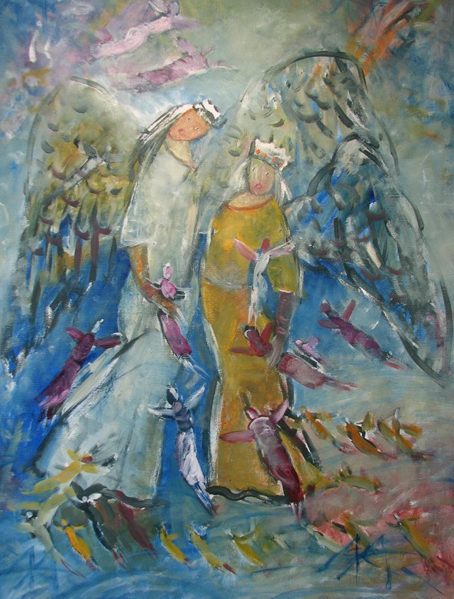Living room painting by Kazimiera Myk-Magdziak titled HAVING FUN WITH ANGEL