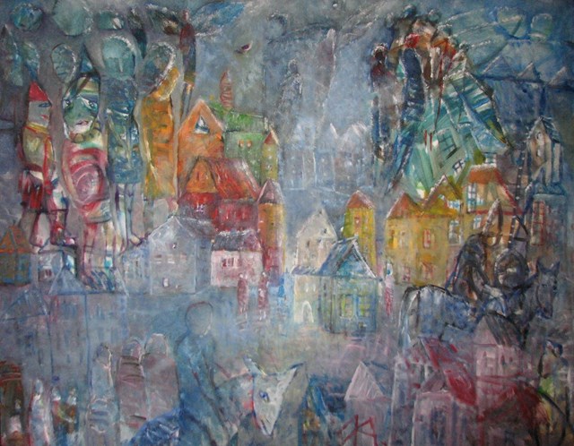 Obraz do salonu artysty Kazimiera Myk-Magdziak pod tytułem Miasto aniołów.