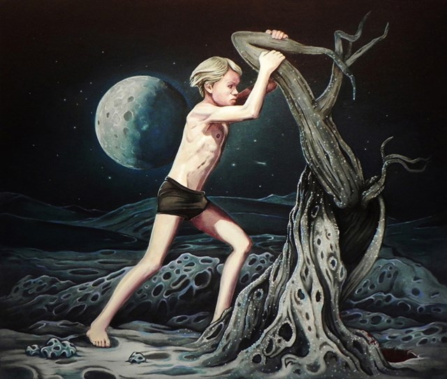 Living room painting by Maciej Rauch titled Lunar Boy (Episode II)