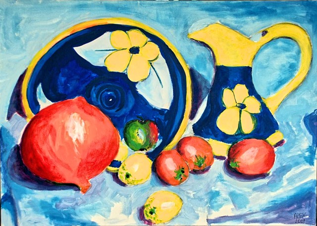 Living room painting by Aleksandra Hanaj-Podgórska titled Spanish pitcher with pumpkin, lemons and oranges