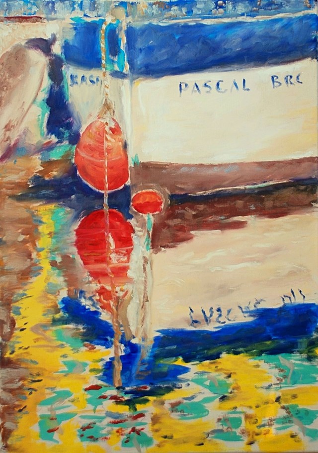 Living room painting by Aleksandra Hanaj-Podgórska titled Boat in the old harbour Bastia