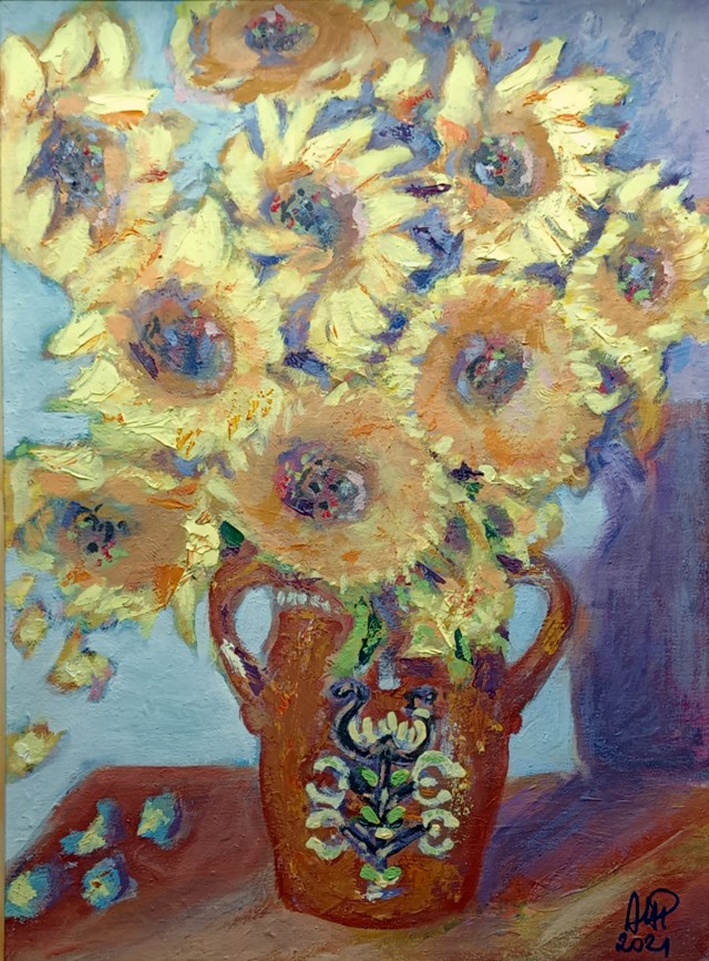 Obraz do salonu artysty Aleksandra Hanaj-Podgórska pod tytułem Słoneczniki w kaszubskim wazonie