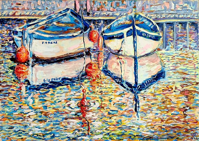Living room painting by Aleksandra Hanaj-Podgórska titled Boats in Bastia or a float