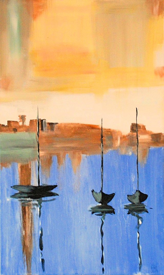 Living room painting by Aleksandra Hanaj-Podgórska titled Boats, Cala Teulera