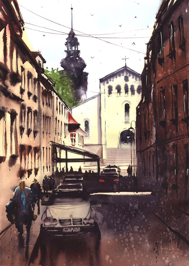 Obraz do salonu artysty Mariusz Kula pod tytułem Opole, widok na ulicę św. Wojciecha, w tle "Kościół na Górce"