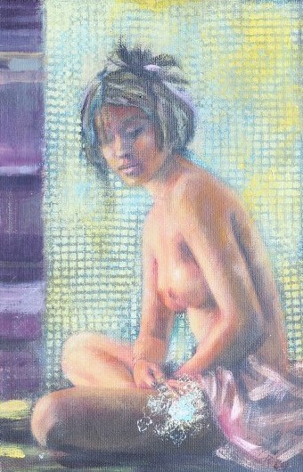Living room painting by Maria Adamus-Biskupska titled Nude With Twig II