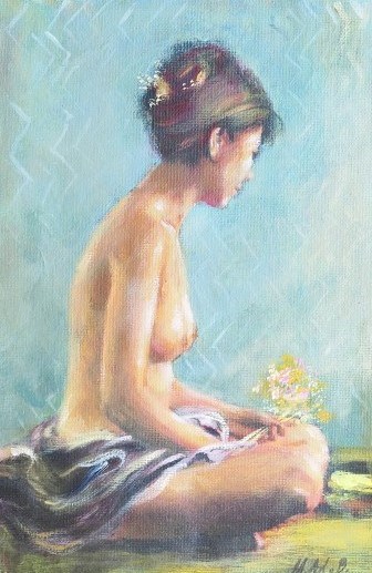 Living room painting by Maria Adamus-Biskupska titled Nude With Twig