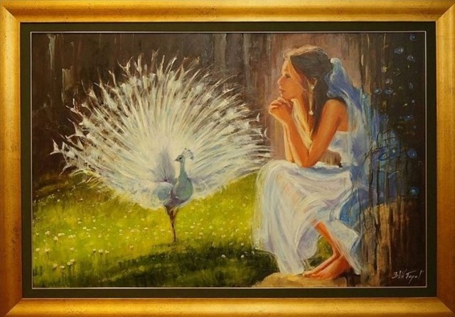 Living room painting by Beata Anna Topolińska titled White peacock