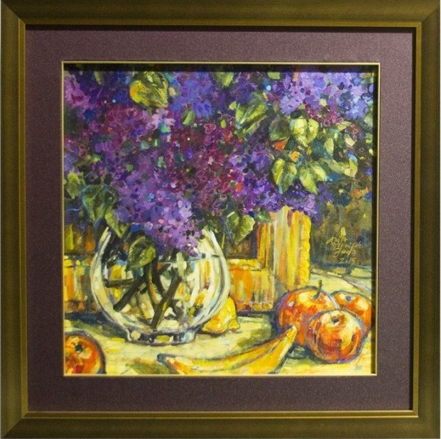 Living room painting by Anita Baenish-Juda titled May Lilacs