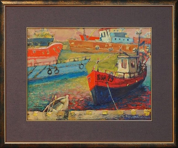 Living room painting by Czesław Romanowski titled Boats In The Shipyard