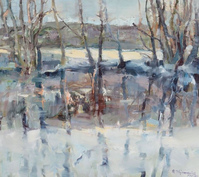 Living room painting by Renata Wojnarowicz titled Trees on the shore of the pond