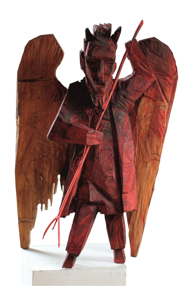 Living room sculpture by Zbigniew Bury titled From the cycle "Devils from the Beskid": Red Devil