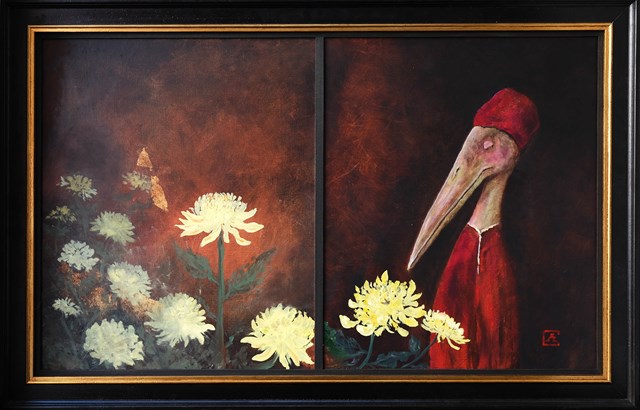 Living room painting by Artur Cieślar titled  A poet in the garden with chrysanthemums