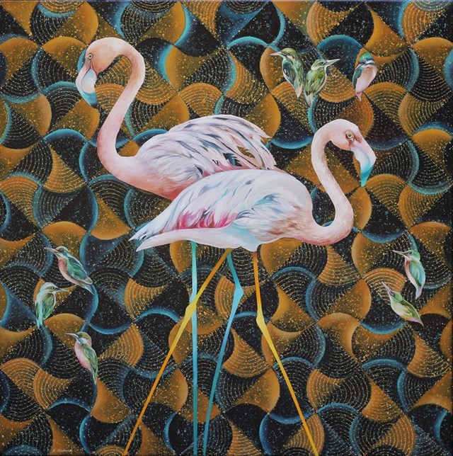 Living room painting by Katarzyna Stelmach titled Flamingos