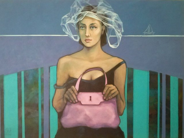 Living room painting by Jadwiga Wolska titled  Madonna with a handbag