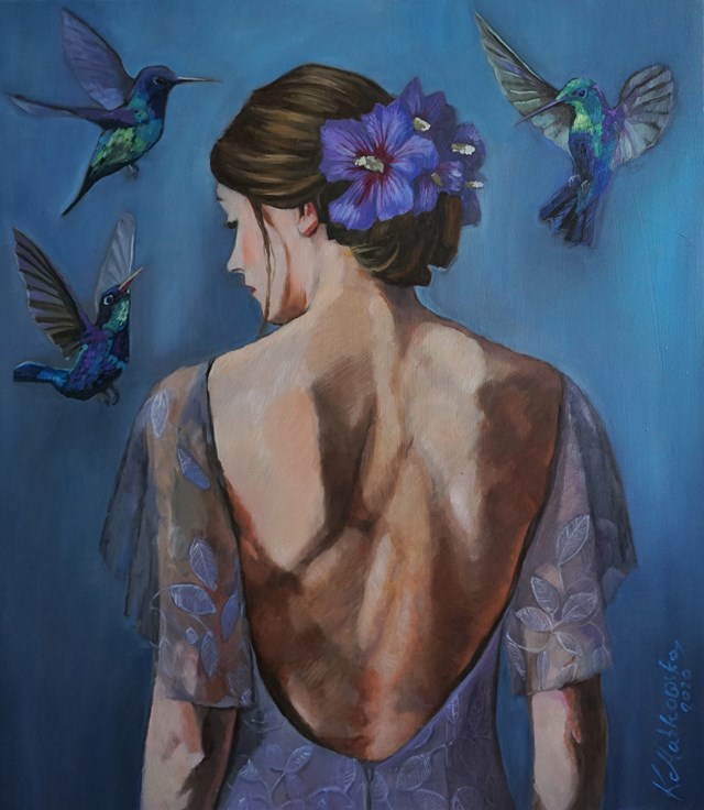 Obraz do salonu artysty Kamila Matkowska pod tytułem koliber i hibiskus