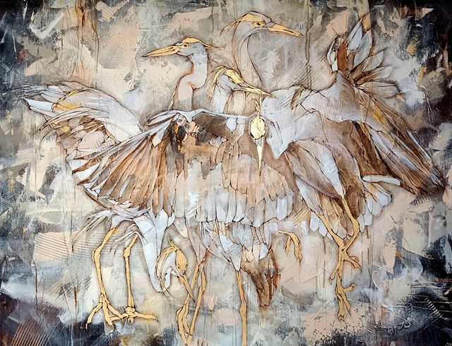 Living room painting by Sylwia Wenska titled Golden herons