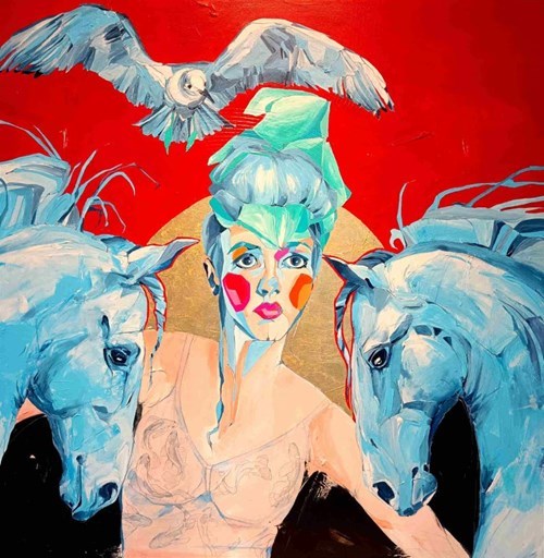 Living room painting by Sylwia Wenska titled BLUE HORSES