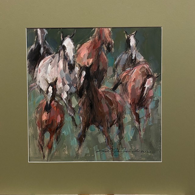 Living room painting by Krzysztof Jarocki titled Arabian herd