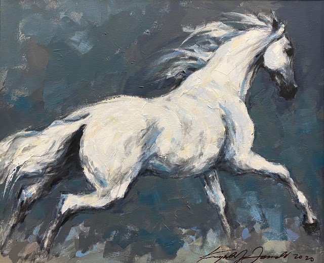 Living room painting by Krzysztof Jarocki titled Andalusian horse on the run