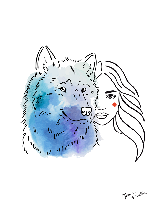 Grafika do salonu artysty Joanna Henclik pod tytułem Kobieta z wilkiem