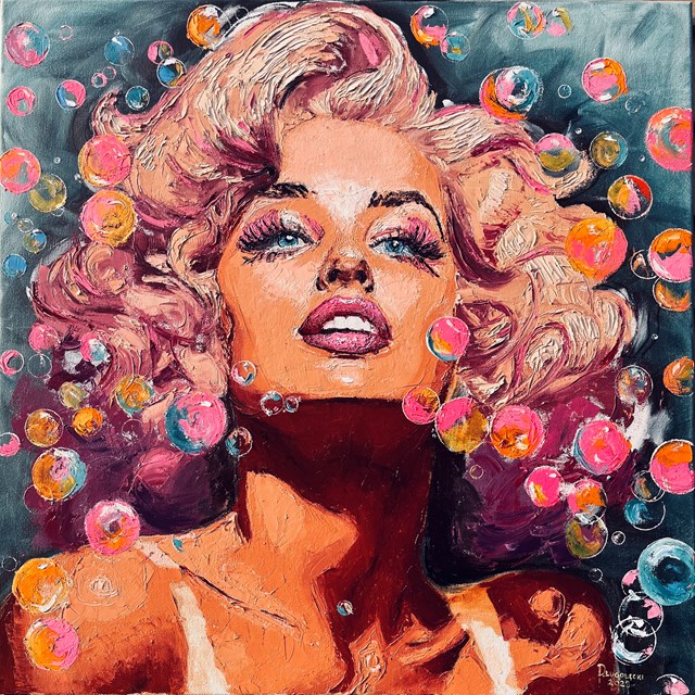 Living room painting by Przemysław Długołęcki titled Marilyn Monroe #bubbles